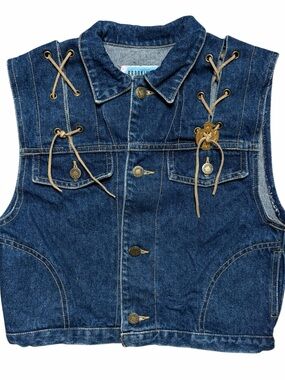 Vintage 90s Denim Western Suede Tie Accent Vest Pockets Buttons Size M